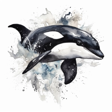 Energetic black and white killer whale jumping out of water, watercolor, clipart, on isolated on white background.
