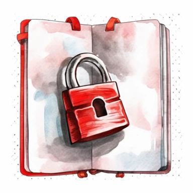 a logo of a red padlock that appears to float from an open book, hand drawn watercolor clipart, on a pure white background for background removal, no shadow, no paint splash