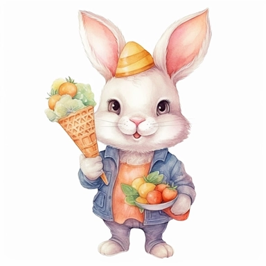 adorable bunny dressed in a charming outfit, holding an ice cream cone topped with a carrot-shaped scoop, delightful watercolor clipart
