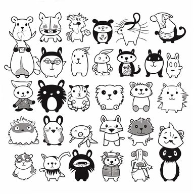 childrens coloring book, white background, thick lines, minimalistic, black and white, clipart character sheet, happy animals wearing clothes
