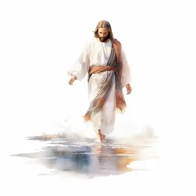 Jesus Christ, walking on water, watercolor style, clipart, solid white background