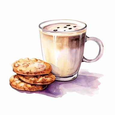 watercolor clipart illustration of coffee with milk, with cream dessert, white background