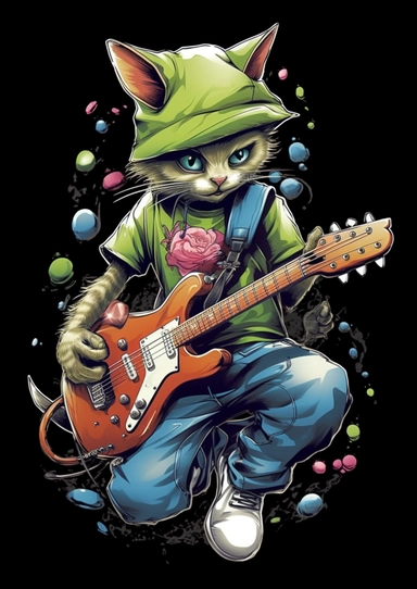 Tshirt features Design, CLIPART CONCEPT, An anthropomorphic humanoid, A Kittens Male character with the ability to control and morph from energy IN DAIM graffiti artwork and graffiti design, Playing the GUITAR, wearing a clothes FROM Casual Uniform Style, Contour Drawing with Fine Line Artwork, Macro Detailed, FOCUSED ON THE CHARACTER, Clear visuals, Highest Resolution 3D Adobe Illustrator file Eps format, In the style of photo-realistic techniques, Rendering with unreal engine 5, Sublimation In