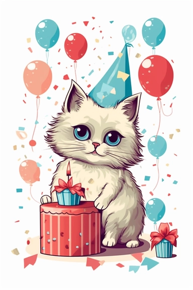 happy birthday Champaign clipart for card print, cute ragdoll kitten illustration, hallmark 1950s style png vector isolated on white background