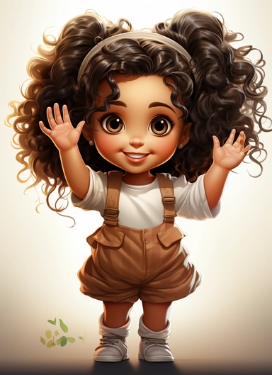 cute african american baby girl, cartoon style, happy, with hands holding, clipart, white backdrop, no watermark
