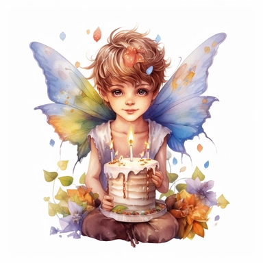 beautiful fairy boy Birthday, illustration clipart, high detailed, white background, digital art, watercolor, hd