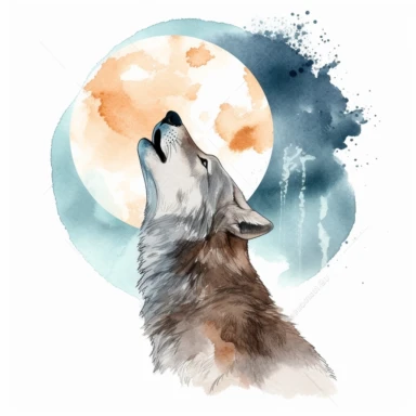 A wolf howling at the full moon, watercolor style, clipart image, no text, no symbols, no logo, on white background