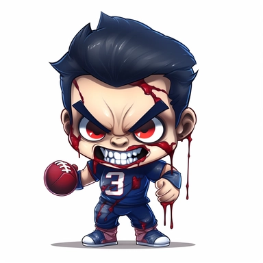 ClipArt of a chibi football player male with an evil smile Glowing red eyes, holding a grenade football, wearing a dark-blue ripped up football, jersey realism with a white background ar-- 2:3