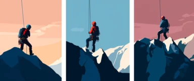 In the first panel, we see the climber in the preparatory phase. Their gear and the base camp, rendered in a minimal clipart style, pop with contrasting colors. The middle panel depicts the steep ascent, the climber's body and the mountainous landscape abstracted into simple, bold shapes. The third panel reveals the triumphant moment at the summit, the climber against the simplistic outline of Everest's peak, with the rising sun in the background executed in the vivid hues of pop-art.