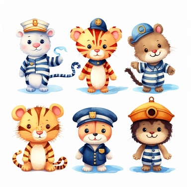 Nautical, cute jungle baby animals dressed as sailors, clipart, cartoon, white background, children cartoon, sailor, sea, red, blue and white, lion, jiraffe, monkey, tiger, elephant, leopard, gorilla, zebra,real animals