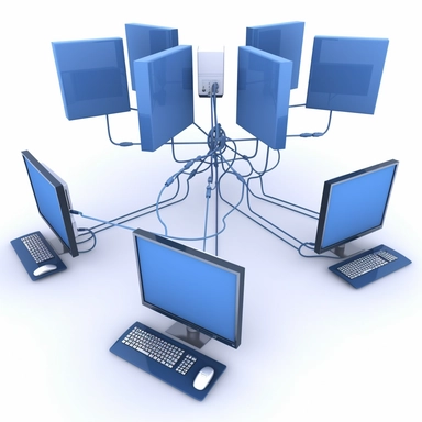 testing environment multiple computers connected with cables and arrows clipart blue and white color