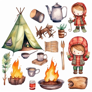 cute kawaii camping clipart set, watercolor, ,white background