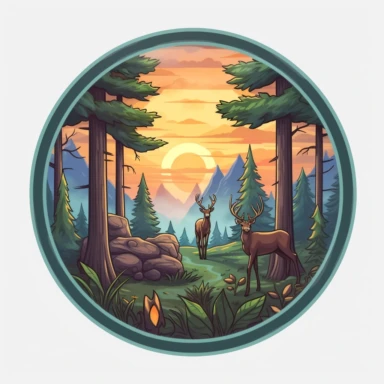Sticker logo, featuring trees, lush foliage, and woodland creatures like deer or squirrels, capturing the essence of camping in nature, on transparent background free clipart, in the style of digital painting and drawing, 2d game art, scoutcore, anime-influenced, cabincore, high resolution, light sky-blue and dark maroon