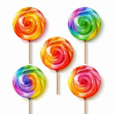 hyper-realistic rainbow round lollipop, bright color, set of 4, candy clipart, lollipop clip art, 300dpi, printable images, high quality, white solid background, rainbow circle lollipop clip art