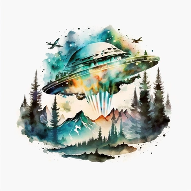 alien space ship in alaska clipart watercolor vintage