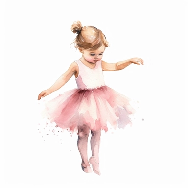 Little cute girl, ballerina, watercolor, clipart, pink wearing, realistic, making dance moves