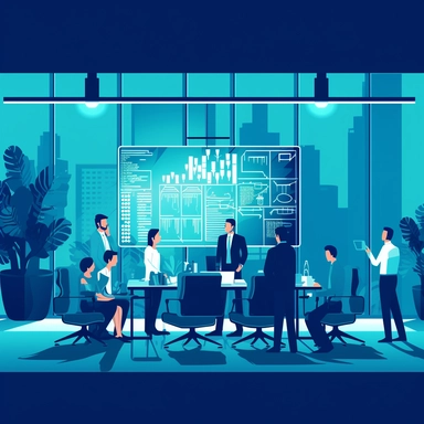 vector illustration of an office with business people in front of a whiteboard, isolated on a dark blue background, clipart, soft blue color palette