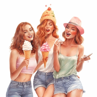 beauty girls eating ice creams on a party digital clipart on white background