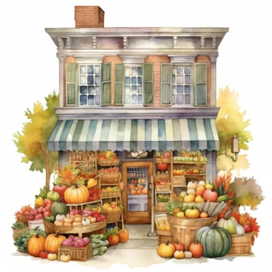 An intricately detailed watercolor clipart illustration displaying an ultra-realistic [specific design idea, like stores are decorated for thanksgiving  ], isolated on a white background, in the style of ultra-detailed watercolor clipart illustra tions, HDR watercolor clipart illustrations, 32K watercolor clipart illustrations, hyperrealistic watercolor clipart illustrations, ultra-intricate watercolor clipart illustrations, high-resolution watercolor clipart illustrations, high-definition water