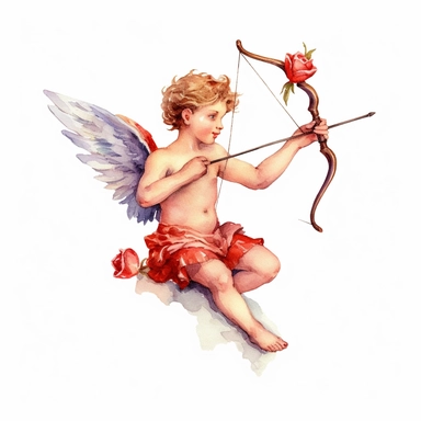 A cupid with his bow and arrow clipart, white background, watercolor drawing
