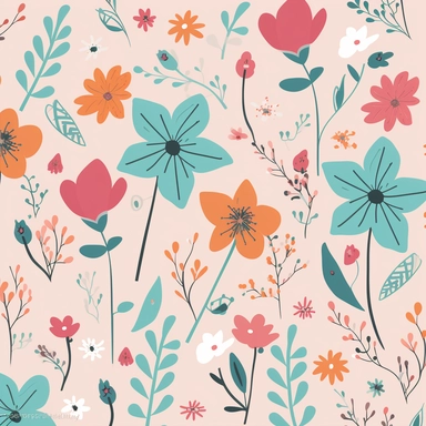 simple floral Pattern | GENRE: digital graphic clipart Art | EMOTION: cheerful | SCENE: A seamless pattern featuring simple digital graphic clipart art flowers in same sizes, with balanced negative space, in a peaceful and dreamy color palette | TAGS: doodle, floral, pattern, simple, cheerful | DESIGN ELEMENTS: Organic shames, bold textures, ample negative space | AESTHETIC: cheerful cartoon | COMPOSITION: Seamless, repeating pattern with a harmonious arrangement of elements and balanced negativ