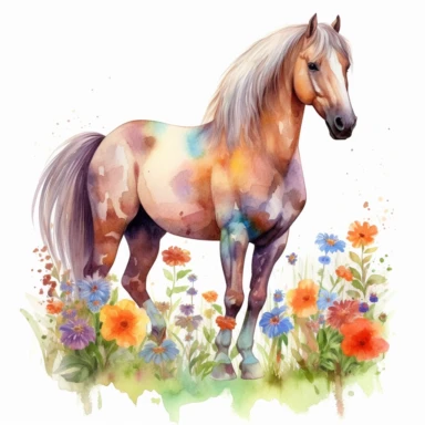 detailed watercolor clipart, photography style, beautiful horse, in a meadow, full body, spring floral,self shadow, white background