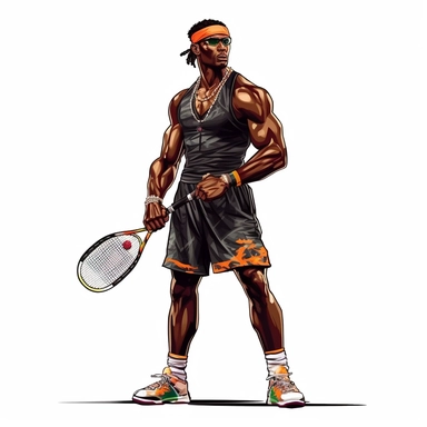 full body clipart dark skinned extremely handsome muscular black man in with head band tennis outfit with tennis racket