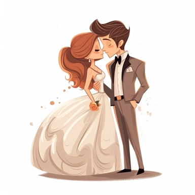 Cute cartoon wedding bride and groom vector, clipart, white background, in the style of elegant realism, muted and subtle tones, detailed painting, transparency and lightness, light orange and dark bronze