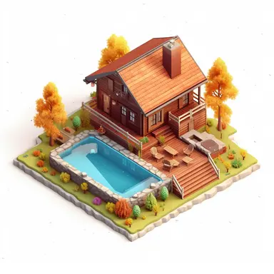 clipart, a small wooden country house on one floor with a fire and a pool, isometric, bright colors, high detail, white background, digital art