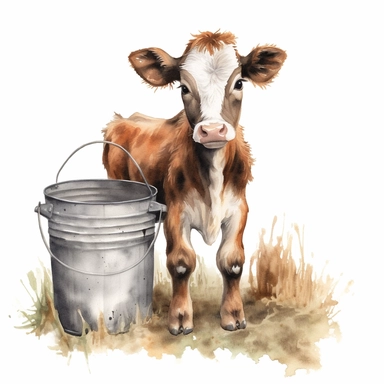 realistic watercolor baby cow standing on a green grass with milk buckets in a farm barn background, on solid white background, clipart