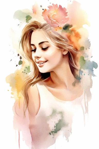 Easy to cut, dreamy watercolor positive woman smiling clipart