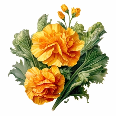 hyperrealism painting, marigold flowers in a cabbage , white background, watercolor style, farmhouse chic, tempera clipart