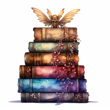 Solid white background, Detailed watercolor/alcohol ink image of a stack of 4 dark earthtone pasel colored gothic spell books with a cute glowing tiny forest fairy sitting on top clipart. The books are realistically detailed, gilded bindings, carved thick leather cover,