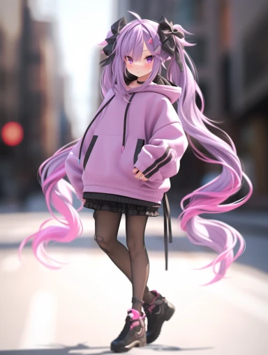 3d anime style, 3d, 3d model, 3d anime model, anime girl, long purple ponytails with blue highlights, dark pink eyes, blushing, oversized grey hoodie, hair clips, thigh highs, stockings, pearl necklace, purple hair, dark pink eyes, pink eyes, shorts, pastel, cute, small, chibi, chibi girl