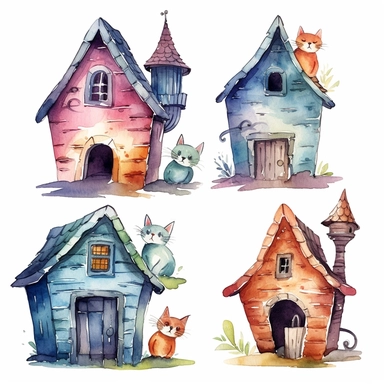 quirky watercolor cat houses, clipart on white background