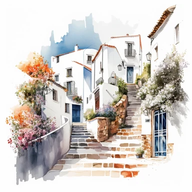 beautiful watercolor clipart of white houses on a cobbled street in a French hillside village near the Mediterranean sea, warm summer hues with blue and white, compositions on an isolated white background. Bright landscapes illustrations, highly detailed