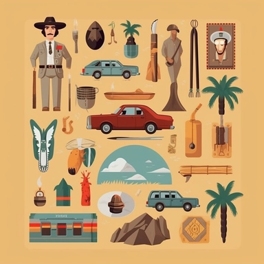 a set of clipart inspired by Wes Anderson and Raiders of the Lost Ark and travel and colonialism and stolen cultural relics and 1980s action figures