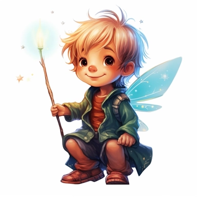 a cute little boy fairy with starry eyes and happily smiling as he awaits his friends, with his wand raised above his head, in the style of realistic color schemes, official art, flickr, tondo, made of insects, soft-edged, cranberrycore with white background for clipart