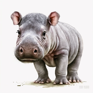 cute small newborn baby hippo whole body clipart watercolor safari white background details ultra-high quality realistic happy animal