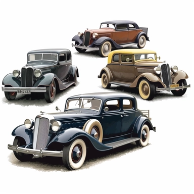 cliparts showcasing vintage cars from different decades, such as the 1920s, 1930s, or 1940s. Include classic models like the Ford Model T, Chevrolet Bel Air, Volkswagen Beetle, or Rolls-Royce Phantom.