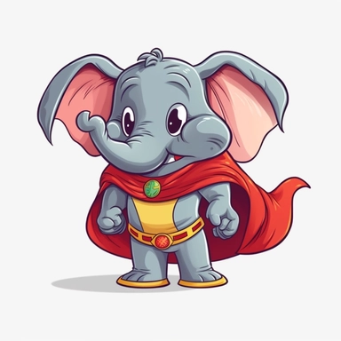 funny cute elephant in a Superhero Costume, cartoon clipart, isolated white background, 32k