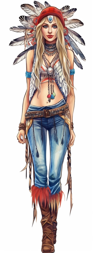 standing fashion posed bohemian with cowboy boots, deep blue eyed and blonde haired woman with a colorful indian chief headdress with long feathers on her head, standing fashion pose with cowboy boots, lotus choker, large earings, tattoos, hands in prayer, wearing her heart on her sleeve, red, turquoise, navy, realistic watercolor, in the style of clipart on white background, in the style of sticker on white background