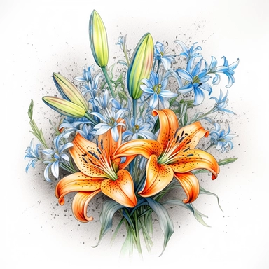 a bouquet of bright orange tiger lilies with blue baby’s breath, color pencil sketch on a white background for clipart