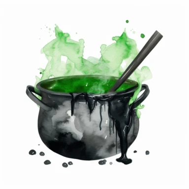 witch cauldron in black with green ooze, watercolor png clipart on a white background