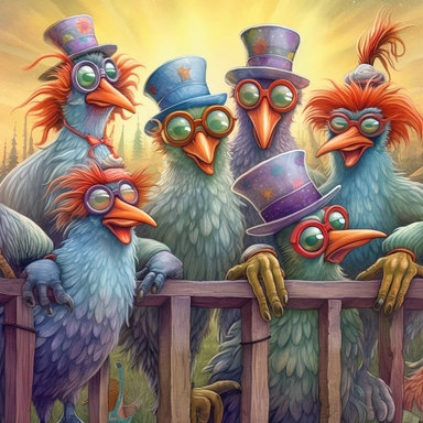 COMIC/CARTOON fantasy magical wacky chickens sitting on a fence, partying hard, large eyeglasses, hats, muted colors, swirls, twists, twirls, metallic, glitter, stylized, funny, centered, airbrushed, digital oil, detailed illustration, clip art, cartoon, 8k, ar 9:8