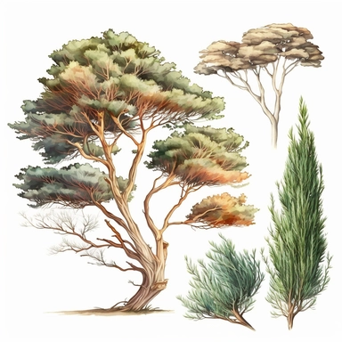 Beautiful ARIZONA CYPRESS tree, vintage tones, on a white background, watercolor, hyperrealism, high detail, separate elements, set, clipart