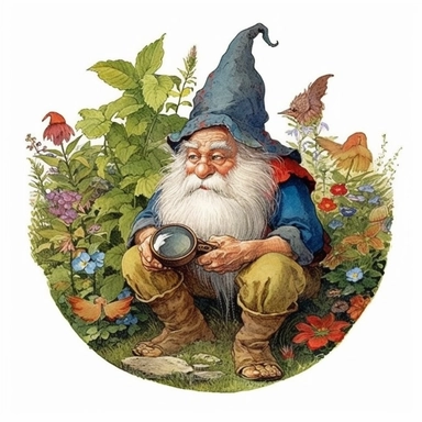 A garden gnome engrossed in the study of plants, examining them under a magnifying glass and discovering the intricacies of the garden ecosystem. This clipart-style design captures the gnome's scientific spirit with sharp lines and a dreamlike quality. Sunshine, white background, style of Pierre-Joseph Redoute, as clipart, single design, sharp lines, dreamy