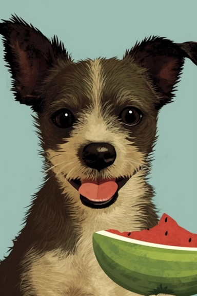 happy little dog eating watermelon, textless retro poster art, vectorized minimalism clipart cvg