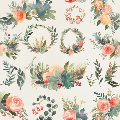 Design a set of watercolor-style digital cliparts specifically for wedding and event decorations. The cliparts should include elements such as flowers, garlands, wreaths, ribbons, and romantic symbols like hearts and doves. Consider various color palettes and styles to cater to both traditional and modern weddings and events. The cliparts should be versatile and suitable for use in invitations, save-the-date cards, menu cards, table cards, seating charts, and other decorative elements