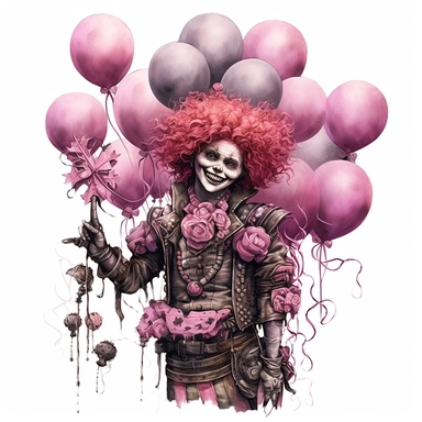 pink watercolor steampunk clown holding bunch of balloons, clipart, metallic, gears, iron pink gray black, 32k. highly detailed
